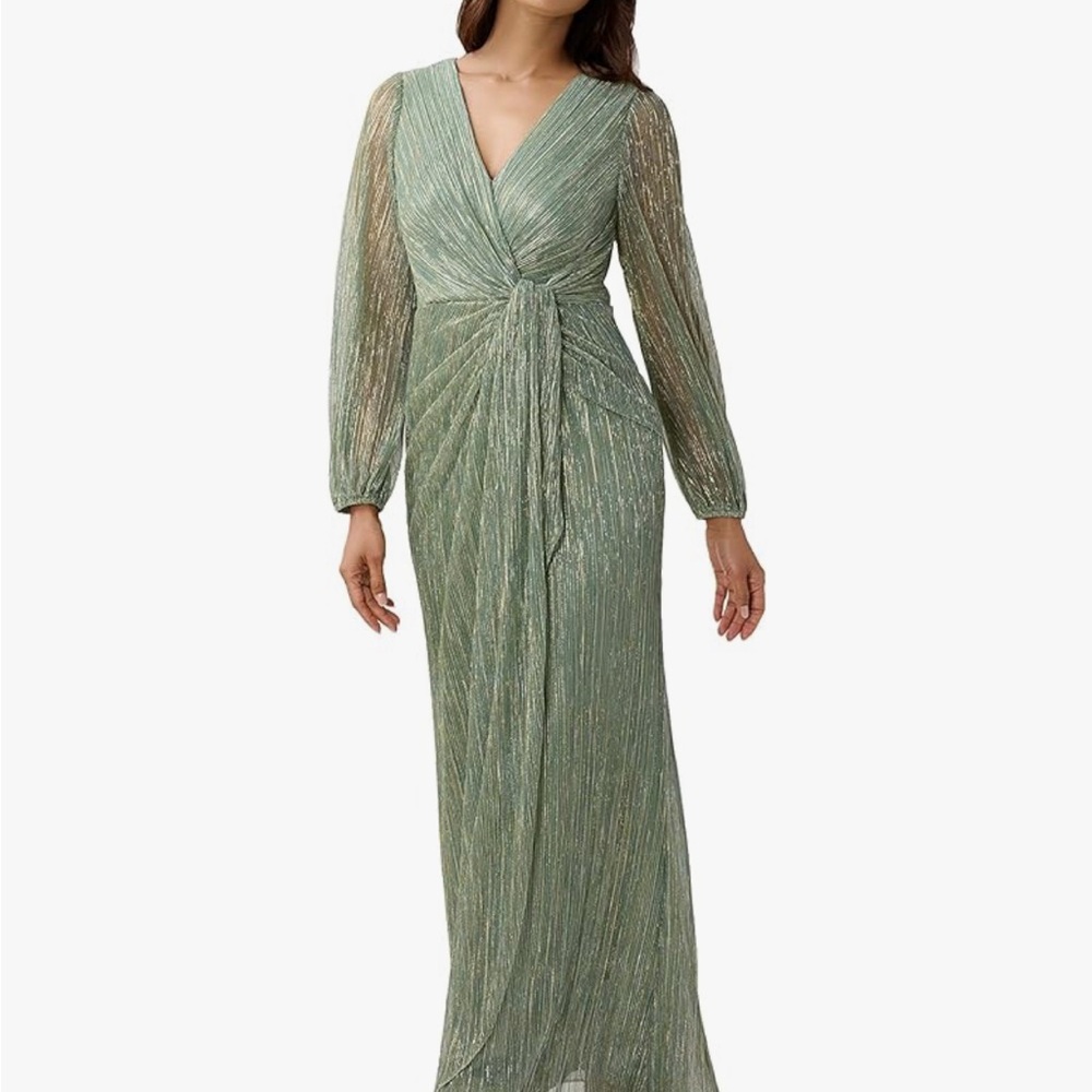 Adrianna Papell Womens Metallic Mesh Draped Gown